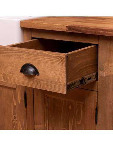 Cucina 322 cm rustica in legno – top in pino, pensili vetro, finitura cera