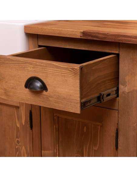 Cucina 322 cm rustica in legno – top in pino, pensili vetro, finitura cera
