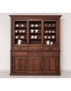 Credenza in legno di pino ante scorrevoli e cassetti noce antico 192cm