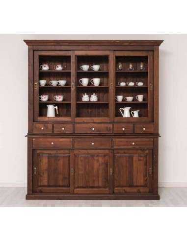 Credenza in legno di pino ante scorrevoli e cassetti noce antico 192cm