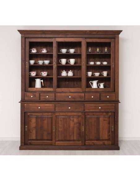 Credenza in legno di pino ante scorrevoli e cassetti noce antico 192cm
