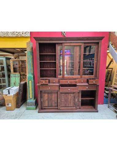 Credenza in legno di pino ante scorrevoli e cassetti noce antico 192cm