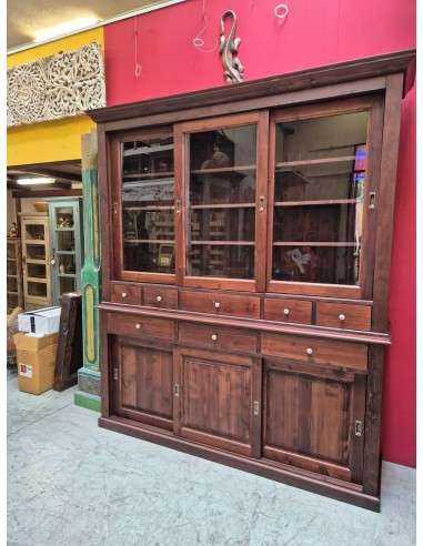 Credenza in legno di pino ante scorrevoli e cassetti noce antico 192cm