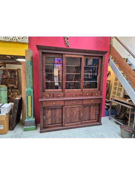 Credenza in legno di pino ante scorrevoli e cassetti noce antico 192cm