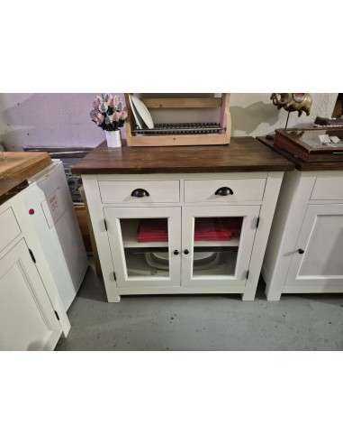 Modulo cucina 100 cm in legno bianco – ante vetro e cassetti, top in pino