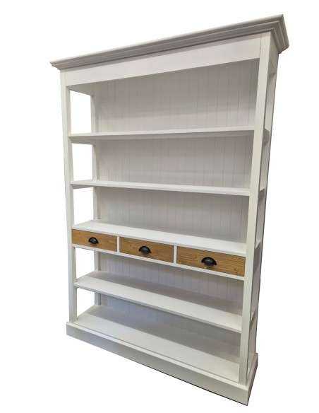 Libreria country in legno bianco con cassetti naturali – 140x39 H197cm