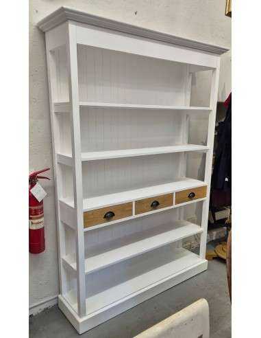 Libreria country in legno bianco con cassetti naturali – 140x39 H197cm