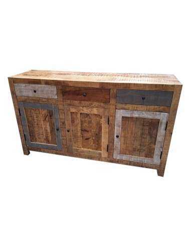 Credenza bassa in massello con tre ante e tre cassetti | Produzione artigianale dall'India | Misura 145x40x85 cm AGB0715