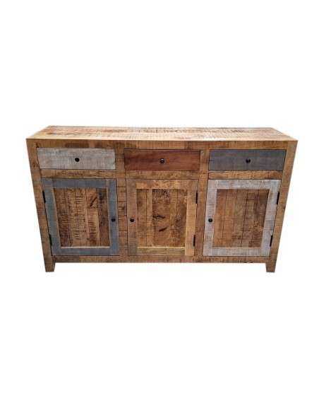Credenza bassa in massello con tre ante e tre cassetti | Produzione artigianale dall'India | Misura 145x40x85 cm AGB0715