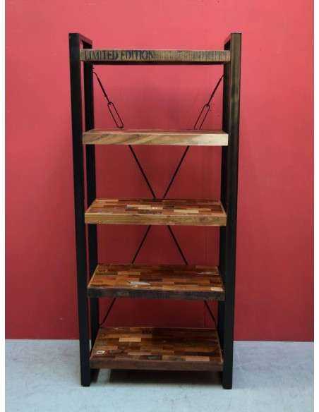 Libreria Industrial con Doppio Montante in Ferro Battuto - Legno Massello Indiana AGB0161