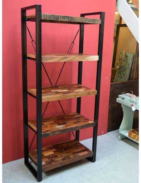 Libreria Industrial con Doppio Montante in Ferro Battuto - Legno Massello Indiana AGB0161