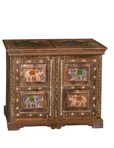 Credenza Etnica in Legno Massello - Elefanti Colorati, Decorazioni  AGB0016
