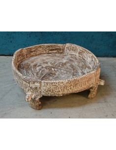 Tavolino macina indiana legno massello intagliato e sbiancato TP082