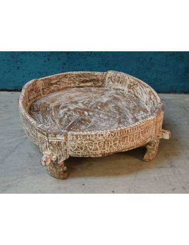 Tavolino macina indiana legno massello intagliato e sbiancato TP082