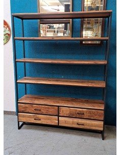 Libreria Industriale - 5 Ripiani, 4 Cassetti - Legno Massello e Ferro Battuto 145cm AGB01196