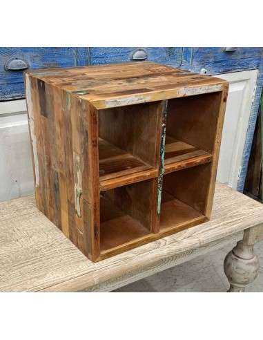 Cubo di Legno Recycle Aperto con Ripiano Interno - Legno Indiano di Recupero AGB0346
