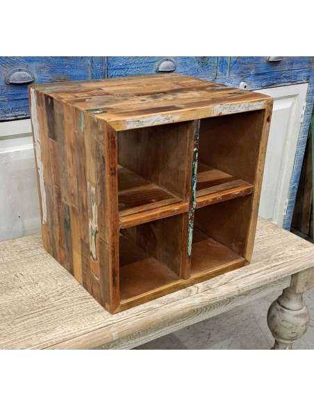 Cubo di Legno Recycle Aperto con Ripiano Interno - Legno Indiano di Recupero AGB0346