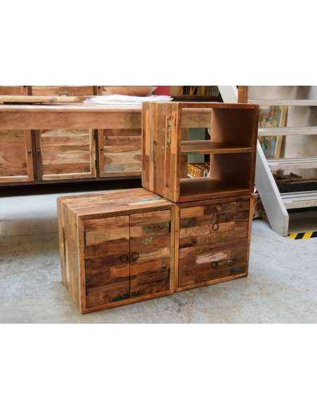 Cubo di Legno Recycle Aperto con Ripiano Interno - Legno Indiano di Recupero AGB0346