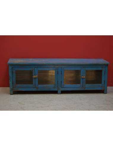 Porta TV coloniale shabby blu con 4 ante – 136x37x44 cm TS211