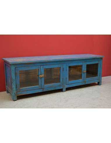 Porta TV coloniale shabby blu con 4 ante – 136x37x44 cm TS211