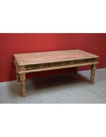 Tavolino coloniale in teak sbiancato con bordo inciso colorato – 124x63x44 cm TS036