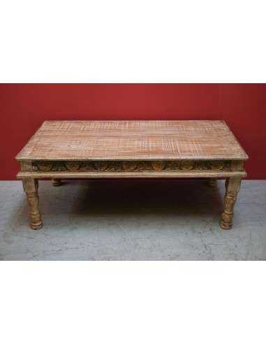 Tavolino coloniale in teak sbiancato con bordo inciso colorato – 124x63x44 cm TS036