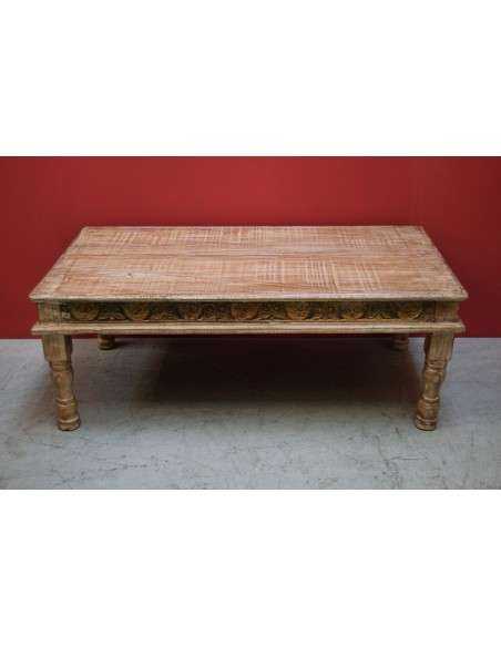 Tavolino coloniale in teak sbiancato con bordo inciso colorato – 124x63x44 cm TS036