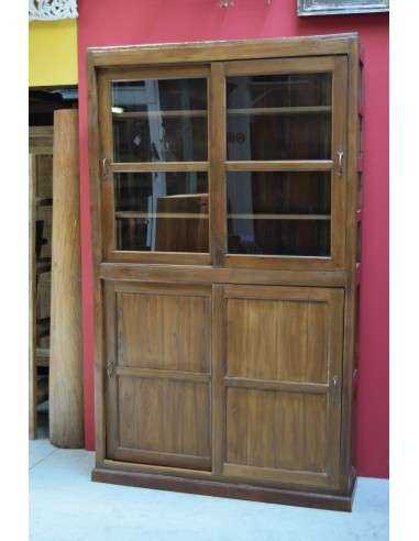 Vetrina libreria coloniale alta in teak con ante scorrevoli 130cm TS226