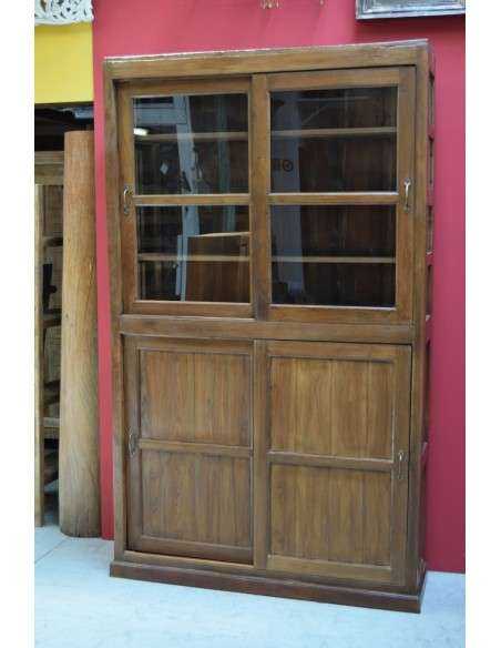 Vetrina libreria coloniale alta in teak con ante scorrevoli 130cm TS226