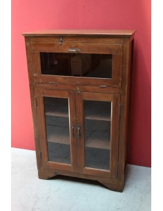 Vetrina stile inglese coloniale in teak biondo – India XX secolo, ante a vetro e ribalta TS062
