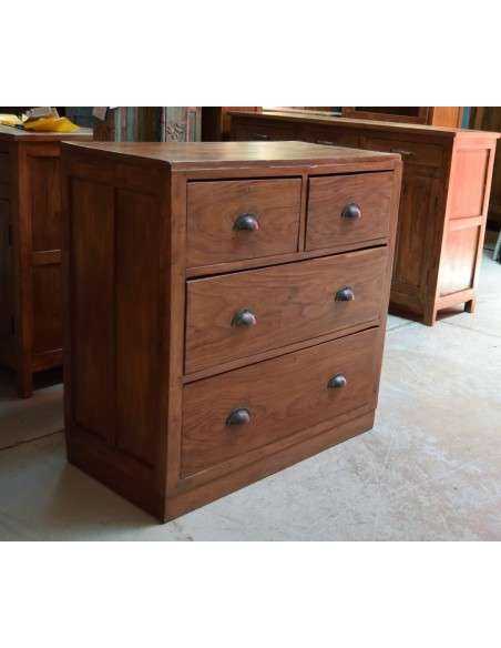 Cassettiera in teak naturale con 4 cassetti e maniglie in metallo – stile coloniale TS017