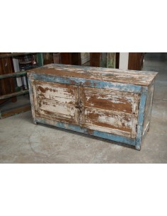 Mobile porta TV basso in teak con due ante e ripiano interno – colore azzurro e crema shabby TS131