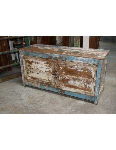 Mobile porta TV basso in teak con due ante e ripiano interno – colore azzurro e crema shabby TS131