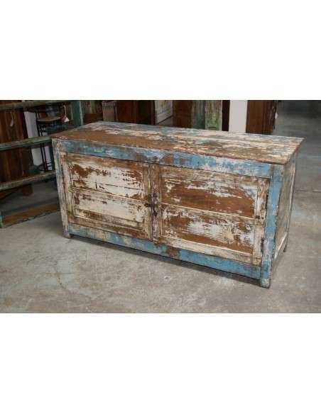 Mobile porta TV basso in teak con due ante e ripiano interno – colore azzurro e crema shabby TS131