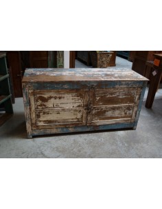 Mobile porta TV basso in teak con due ante e ripiano interno – colore azzurro e crema shabby TS131 2