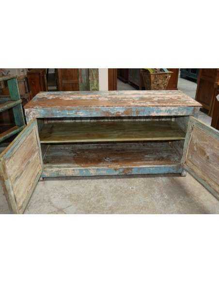 Mobile porta TV basso in teak con due ante e ripiano interno – colore azzurro e crema shabby TS131