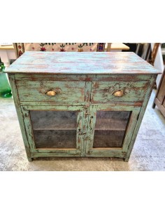 Vetrina bassa due cassetti shabby azzurra in legno massello CX214