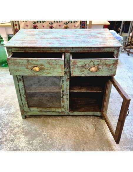 Vetrina bassa due cassetti shabby azzurra in legno massello CX214