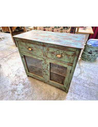 Vetrina bassa due cassetti shabby azzurra in legno massello CX214