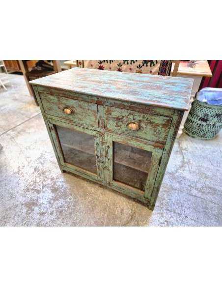 Vetrina bassa due cassetti shabby azzurra in legno massello CX214