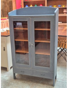 Vetrina vintage in legno massello con cassetti grigio UN10265 2