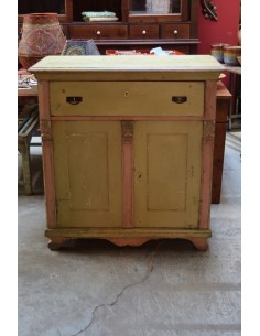 Credenza vintage in legno massello - Verde con profili rosa, con cassetto UN10038