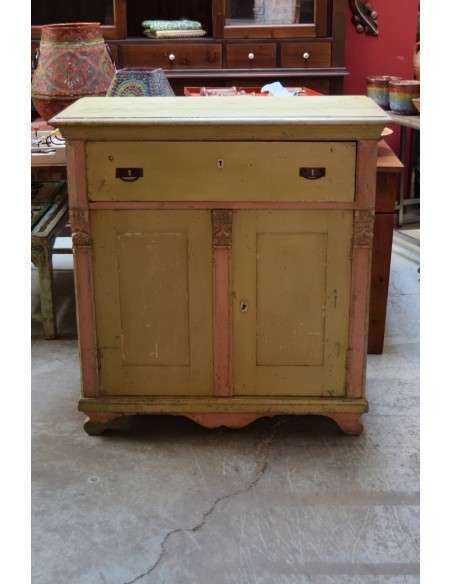 Credenza vintage in legno massello - Verde con profili rosa, con cassetto UN10038