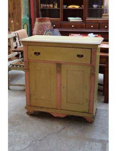 Credenza vintage in legno massello - Verde con profili rosa, con cassetto UN10038