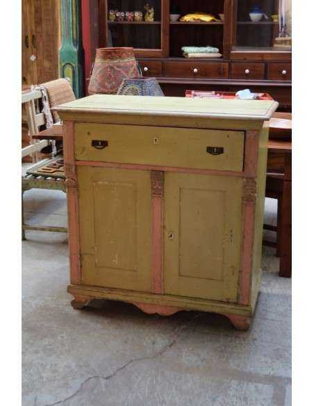 Credenza vintage in legno massello - Verde con profili rosa, con cassetto UN10038
