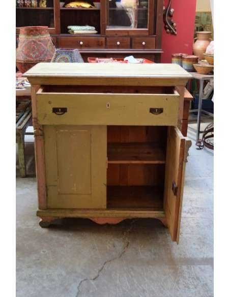 Credenza vintage in legno massello - Verde con profili rosa, con cassetto UN10038