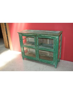 Vetrina coloniale shabby verde con vetri – India XX secolo in legno massello TS213