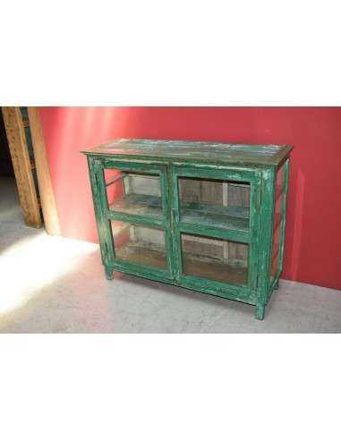 Vetrina coloniale shabby verde con vetri – India XX secolo in legno massello TS213