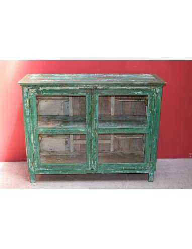 Vetrina coloniale shabby verde con vetri – India XX secolo in legno massello TS213