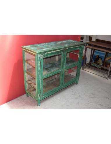 Vetrina coloniale shabby verde con vetri – India XX secolo in legno massello TS213